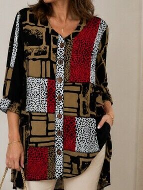 John Mark Patchwork Button-Front Tunic Top - Red, Black, Tan, White.Pit To Pit23